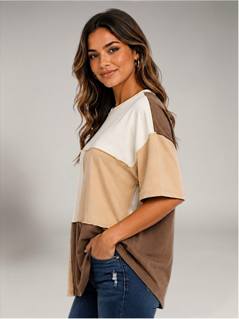 New Colorblock Top with Stitching – Oversized Drop Shoulder Tee – Size 4 - Picture 2 of 9
